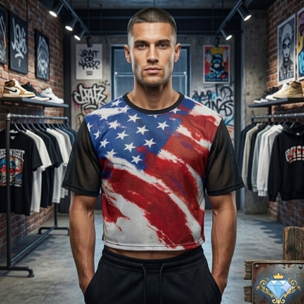 SHEIN x Fever City Men's Mesh American Flag Tee Streetwear Size Large Transparen
